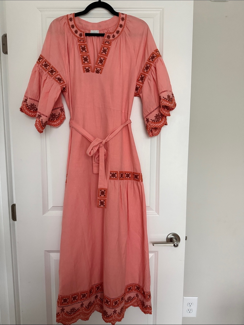 Coral Embroidered Maxi Dress with Tie Belt